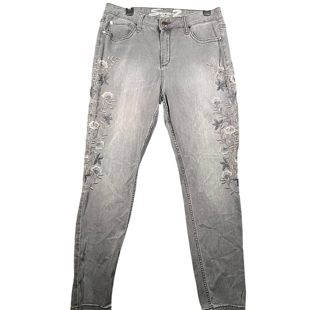 Seven7 Skinny Jeans Womens 16 Black Perses Floral Embroidered Distressed